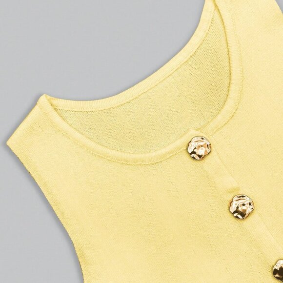 Yellow Casual Women's Metal Button Open Front Sleeveless Jacket - Picture 5 of 8